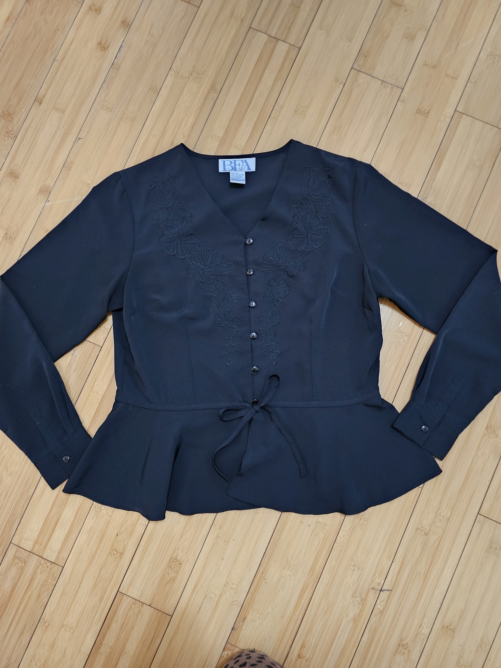 FA Black V-Neck Peplum Blouse with Embroidered Yoke